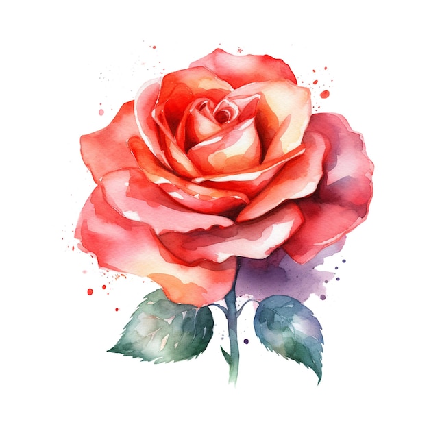 Pintura em aquarela de uma rosa vermelha com uma haste verde.