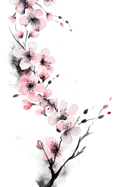 Pintura em aquarela de uma sakura rosa