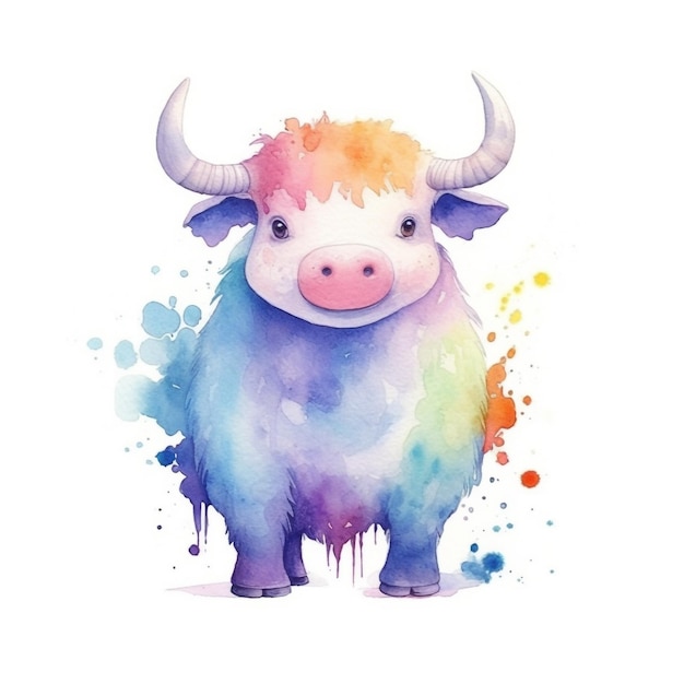 Pintura em aquarela de uma vaca das terras altas com cores do arco-íris.