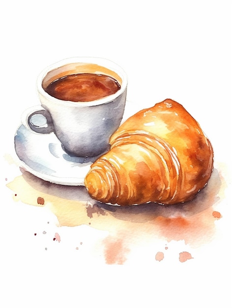 Pintura em aquarela de uma xícara de café e croissant