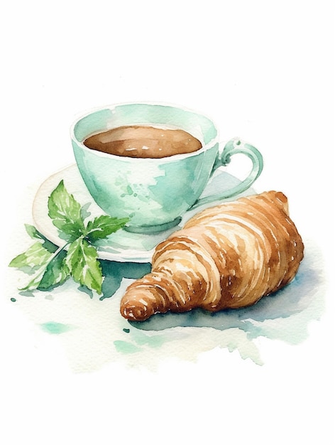 Pintura em aquarela de uma xícara de café e um croissant.