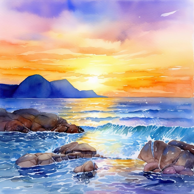 Pintura em aquarela de verão de mar colorido abstrato em pinturas de paisagens marítimas de papel de marcos na Tailândia com fundo pôr do sol