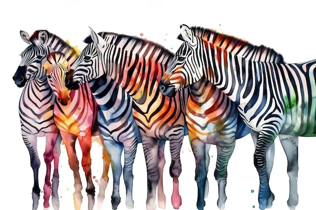 Pintura em aquarela de zebras em um fundo branco Ilustração de animais selvagens IA generativa