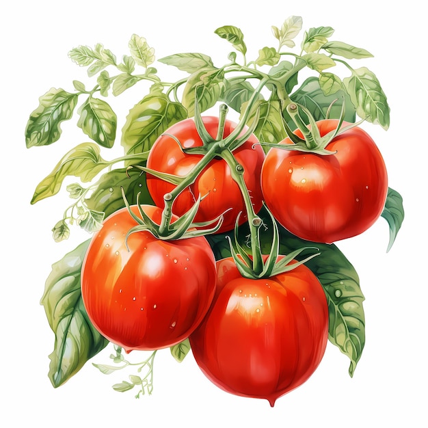 Pintura em aquarela desenhada à mão de tomates em um fundo branco