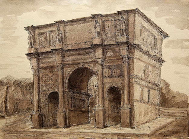 Pintura em aquarela do Arco de Constantino em Roma, Itália