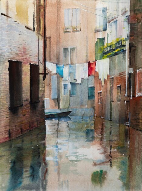 Pintura em aquarela do canal em veneza