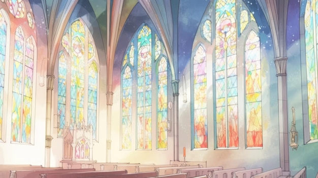 Pintura em aquarela do interior de uma igreja com belos vitrais