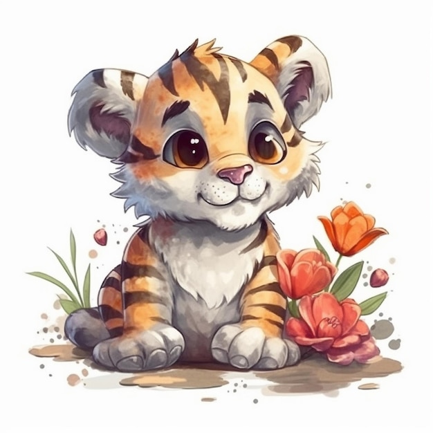 Pintura em aquarela do lindo Tigre Chibi