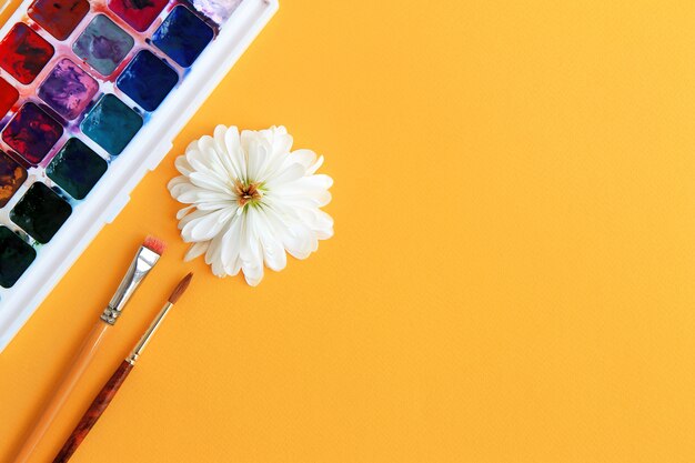 Pintura em aquarela, pincéis e flor com pétalas brancas sobre um fundo amarelo conceito de criatividade