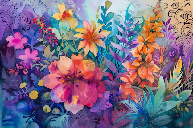 Pintura em aquarela vibrante de flores em flor com um fundo colorido exibindo padrões florais artísticos e folhagem exuberante