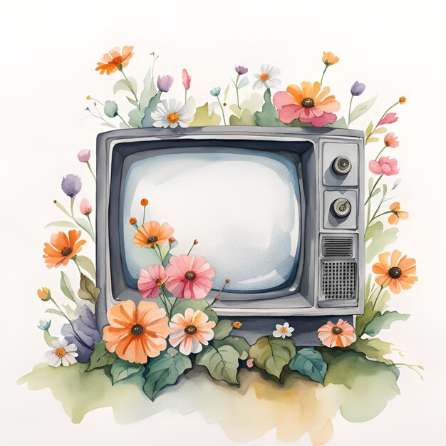 Pintura em aquarela vintage de uma TV antiga com flores