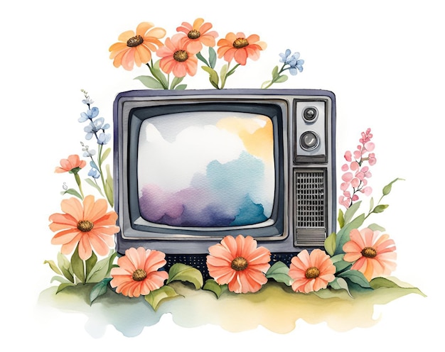 Pintura em aquarela vintage de uma TV antiga com flores