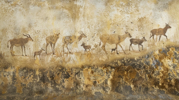 Pintura em caverna antiga, representação de um rebanho de animais