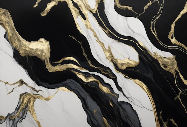 Pintura em mármore de cor óleo em fundo dourado preto e branco de cores misturadas