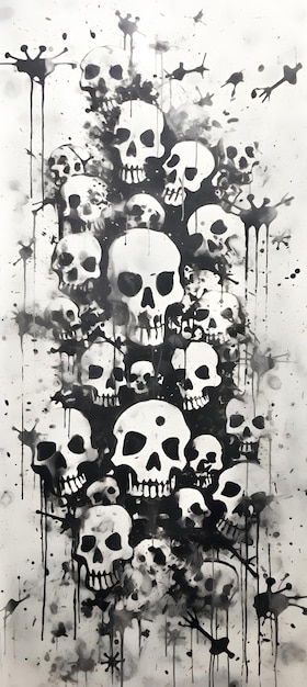 pintura em preto e branco mostrando caveiras e ossos cruzados contra um fundo branco