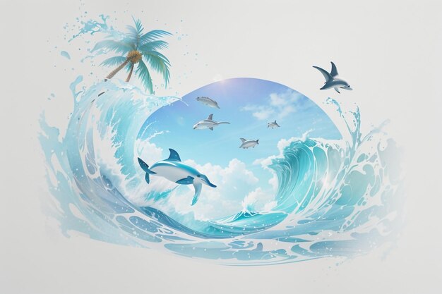 Pintura em relevo 3D de água do mar e golfinhos 10