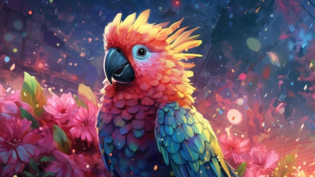 Pintura encantadora y pintoresca de un lindo loro en la vida salvaje de la naturaleza.