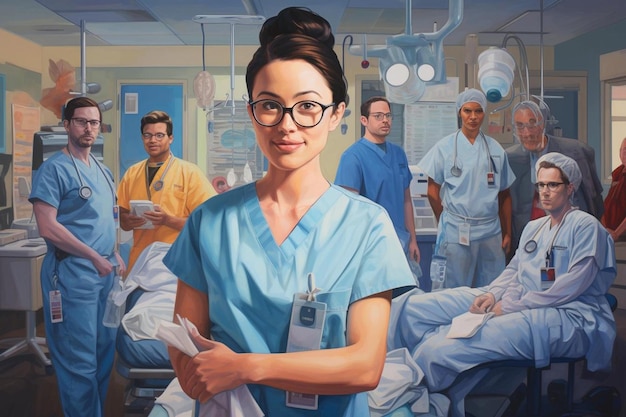 Una pintura de una enfermera con un equipo médico en el fondo.