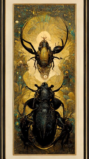Una pintura enmarcada de escarabajos con el título 'escarabajo'