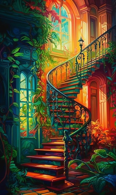 Una pintura de una escalera de caracol en una casa con ventana y plantas.