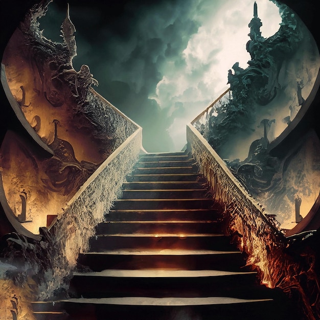 Una pintura de una escalera con un cielo oscuro y una escalera con un ojo de diablo.