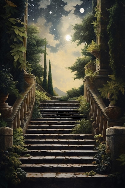 Una pintura de una escalera con la luna detrás.