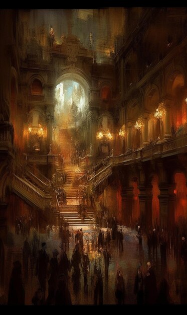 Una pintura de una escalera con una luz encendida.