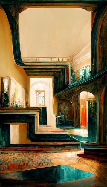 Una pintura de una escalera con una pintura de un edificio con una ventana grande en el lado izquierdo.