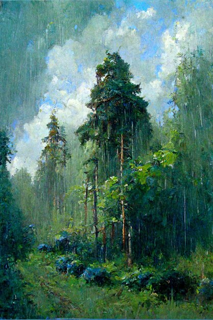 Pintura de una escena de bosque con algunos árboles y un cielo azul ai generativo