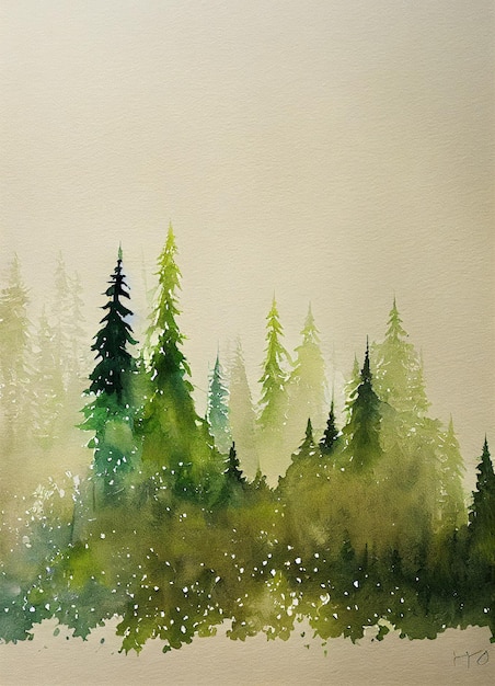 Pintura de una escena de bosque con unos árboles de fondo ai generativo