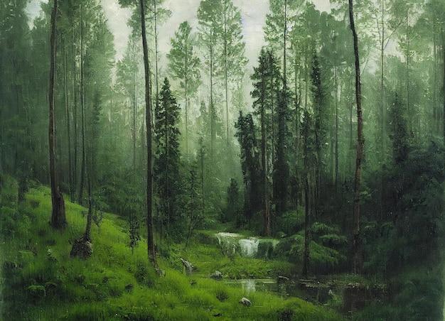 Pintura de una escena de bosque con un arroyo y árboles ai generativo.