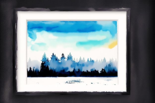 Una pintura de una escena de bosque con un cielo azul y una nube blanca.