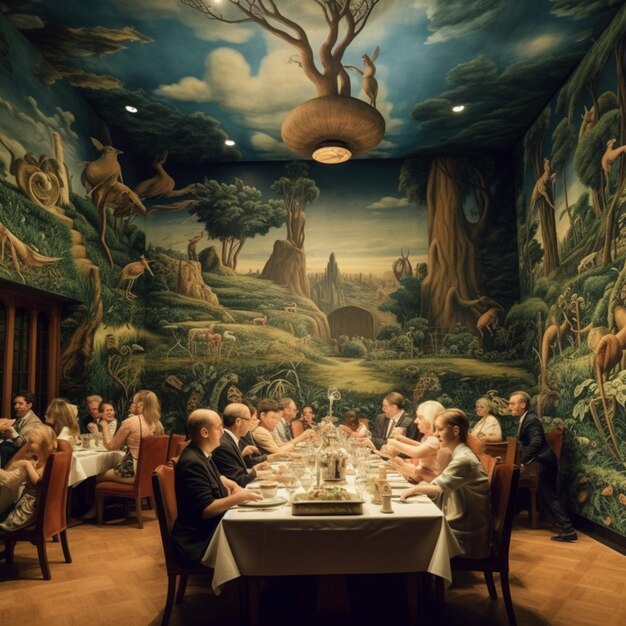 Pintura de una escena de bosque en la pared de un restaurante ai generativa