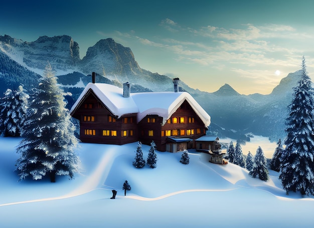 Pintura de escena de cabaña de montaña de navidad de esquí de invierno en un hermoso paisaje en los alpes