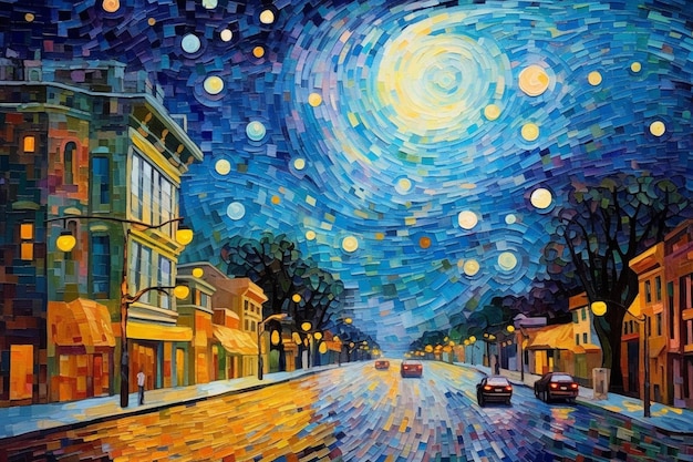 Una pintura de una escena callejera con un cielo estrellado encima.