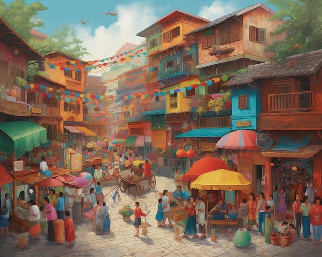 Una pintura de una escena callejera con gente y una escena callejera.