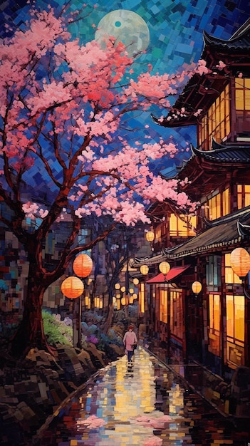 Una pintura de una escena callejera con un hombre caminando frente a un árbol con flores rosas.