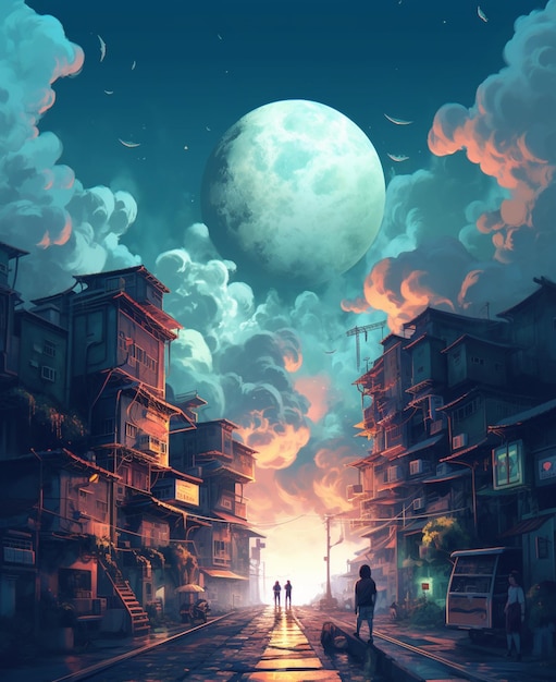 Una pintura de una escena callejera con una luna en el cielo.