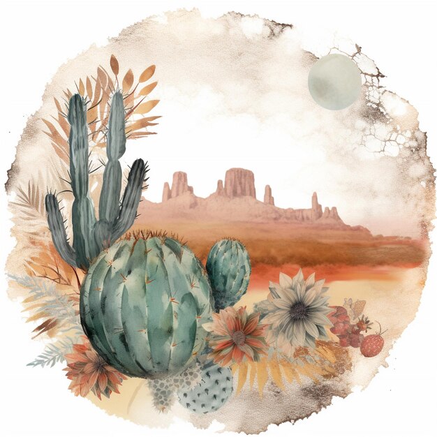 Una pintura de una escena desértica con un cactus y un desierto y un paisaje desértico.