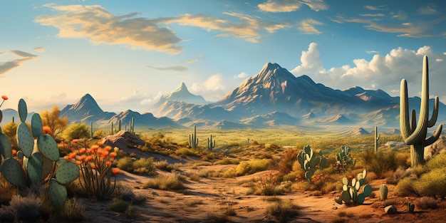 pintura de una escena desértica con cactus y montañas ai generativo