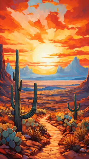 Foto una pintura de una escena desértica con cactus