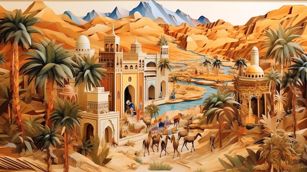 pintura de una escena del desierto con camellos y palmeras generativo ai