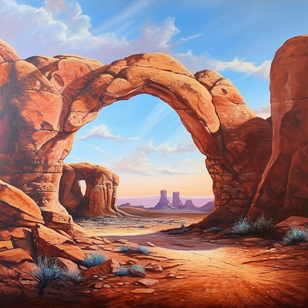 Pintura de una escena del desierto con un gran arco en el medio ai generativo.