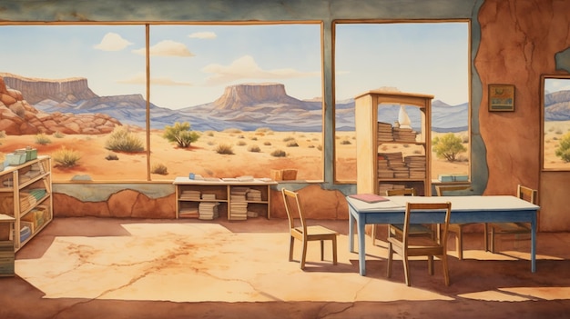 Foto pintura de una escena del desierto con una mesa y sillas frente a una ventana ai generativo