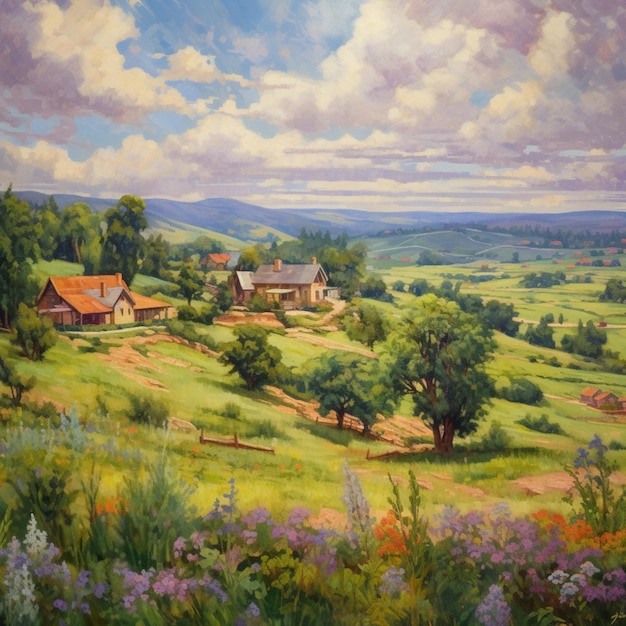 Pintura de una escena de granja con vistas a un valle ai generativo