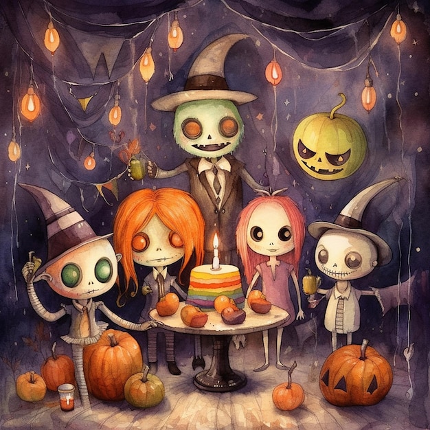 una pintura de una escena de Halloween con un fantasma y una calabaza.