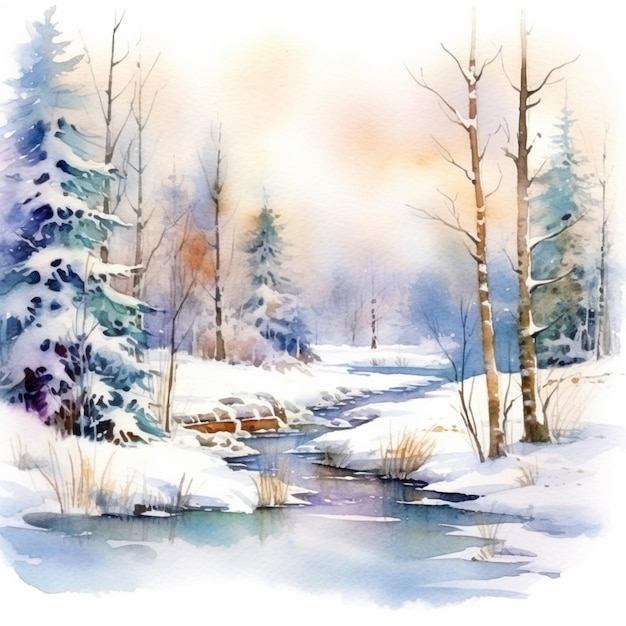Pintura de una escena de invierno con un arroyo y árboles generativo ai