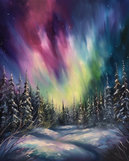 Una pintura de una escena de invierno con la aurora boreal en el cielo.