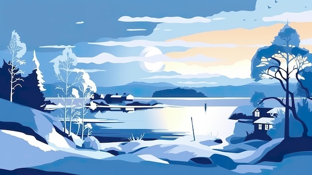Una pintura de una escena de invierno con un lago Imagen generativa de IA