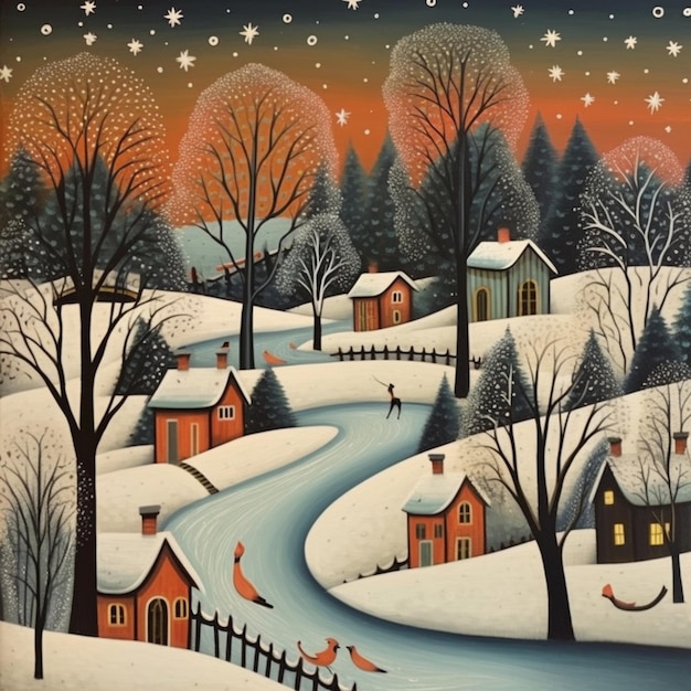 pintura de una escena de invierno con un río y casas generativo ai